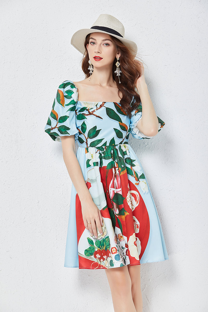Square Neck Puff Sleeve Floral Dress - a line dresses - floral dresses - summer dresses - malbusaat.co.uk