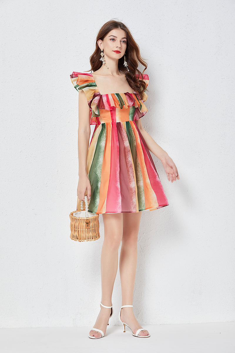 Rainbow Striped Square Neck Yarn Dress - a line dresses - ruffled dresses - malbusaat.co.uk