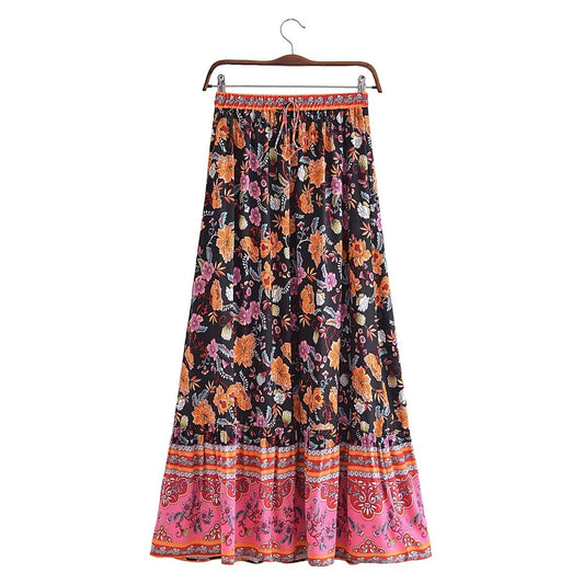 Boho Chic Floral Lace-Up Tassel Maxi Skirt Skirts malbusaat.co.uk