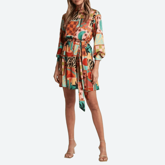 Lapel Print Long Sleeve Tiered Dress - a line dresses - tiered dresses - malbusaat.co.uk