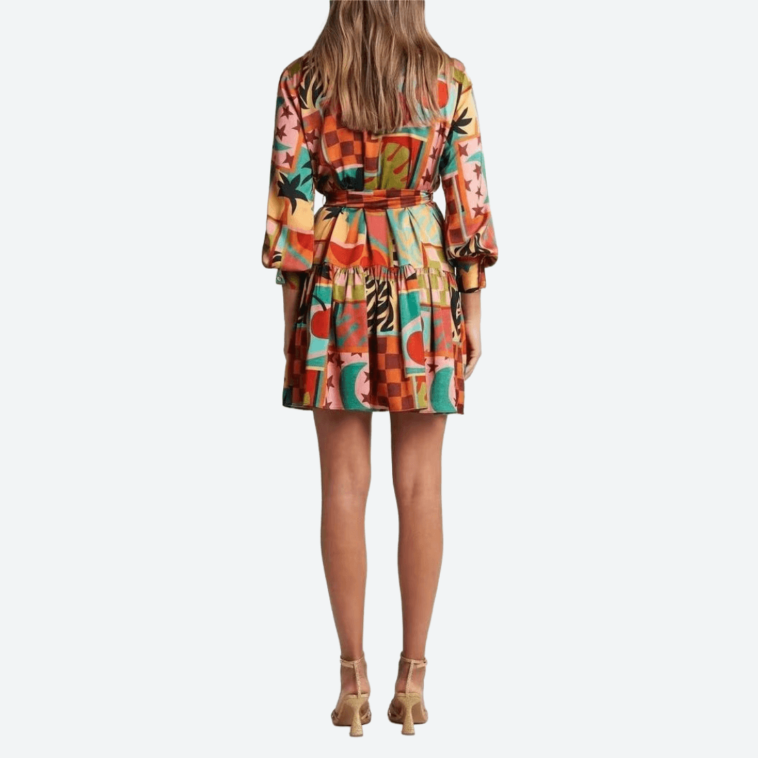 Lapel Print Long Sleeve Tiered Dress - a line dresses - tiered dresses - malbusaat.co.uk