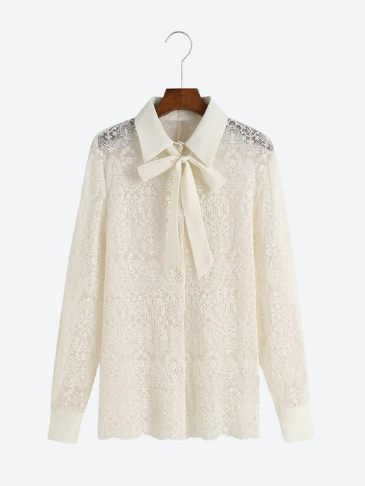 French Lace Pearl Bow Shirt - women shirts - malbusaat.co.uk