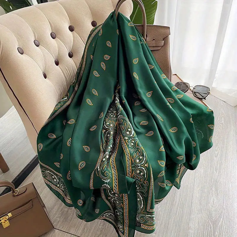 Green Paisley Print Satin Shawl, Elegant Scarves | Women Scarves | Women Scarves | www.malbusaat.co.uk