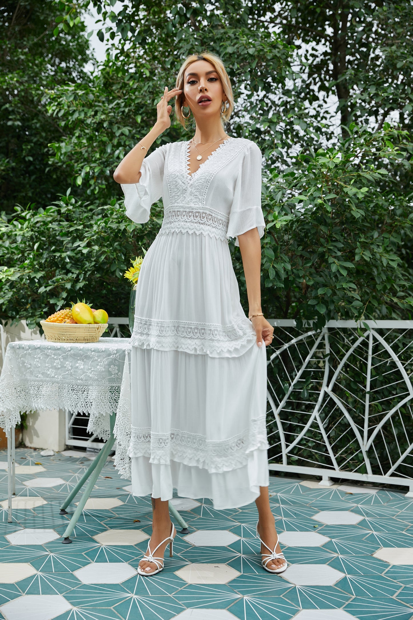 Short Sleeve V-neck Lace White Maxi Dress cotton maxi dresses malbusaat.co.uk