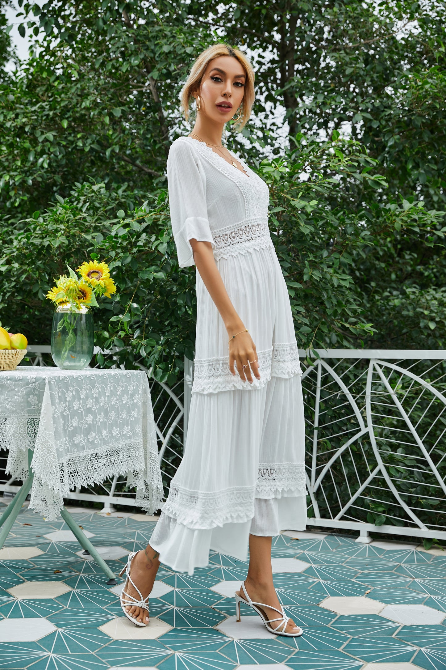Short Sleeve V-neck Lace White Maxi Dress cotton maxi dresses malbusaat.co.uk