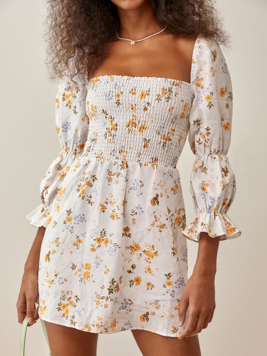 Autumn Floral Print Retro Square Collar Pleated Sleeve Dress - floral dresses - malbusaat.co.uk
