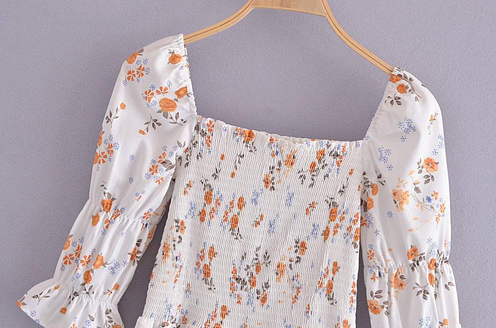Autumn Floral Print Retro Square Collar Pleated Sleeve Dress - floral dresses - malbusaat.co.uk