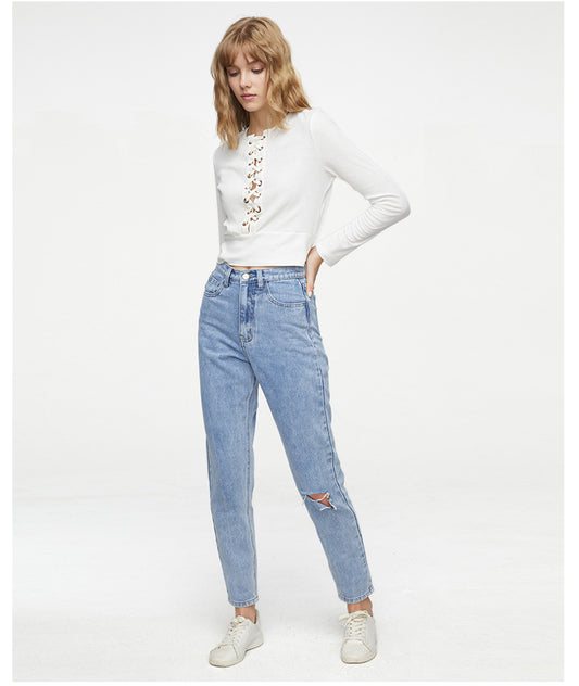 Loose Straight Wide-Leg Ripped Jeans jeans malbusaat.co.uk