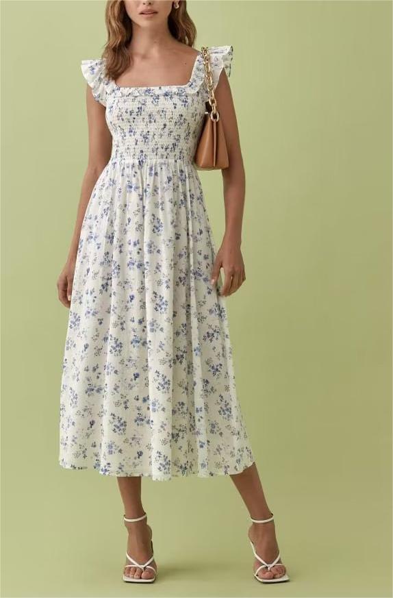 Square Collar Pleated Print Dress - A Line Dresses - floral dresses - malbusaat.co.uk