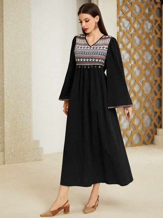 Shop Boho Geometric Tribal Embroidered Black Maxi Dress by Malbusaat, versatile Maxi Dress at Malbusaat. Ready-made desi suits, Pakistani designer dresses online UK.