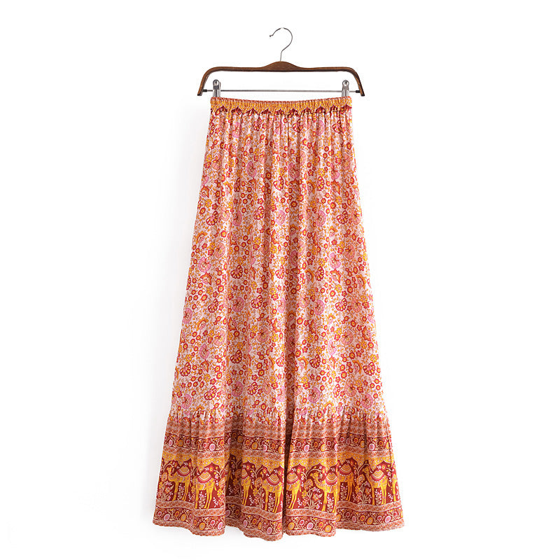 Shop Boho Vacation Floral Maxi Skirt with Tassel Tie by Malbusaat, versatile Skirts at Malbusaat. Ready-made desi suits, Pakistani designer dresses online UK.