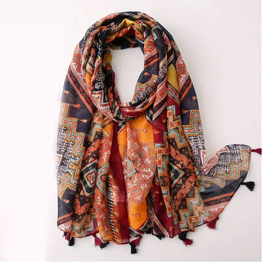 Colorful Boho Printed Scarf with Tassel Shawl in - Scarves by Malbusaat
