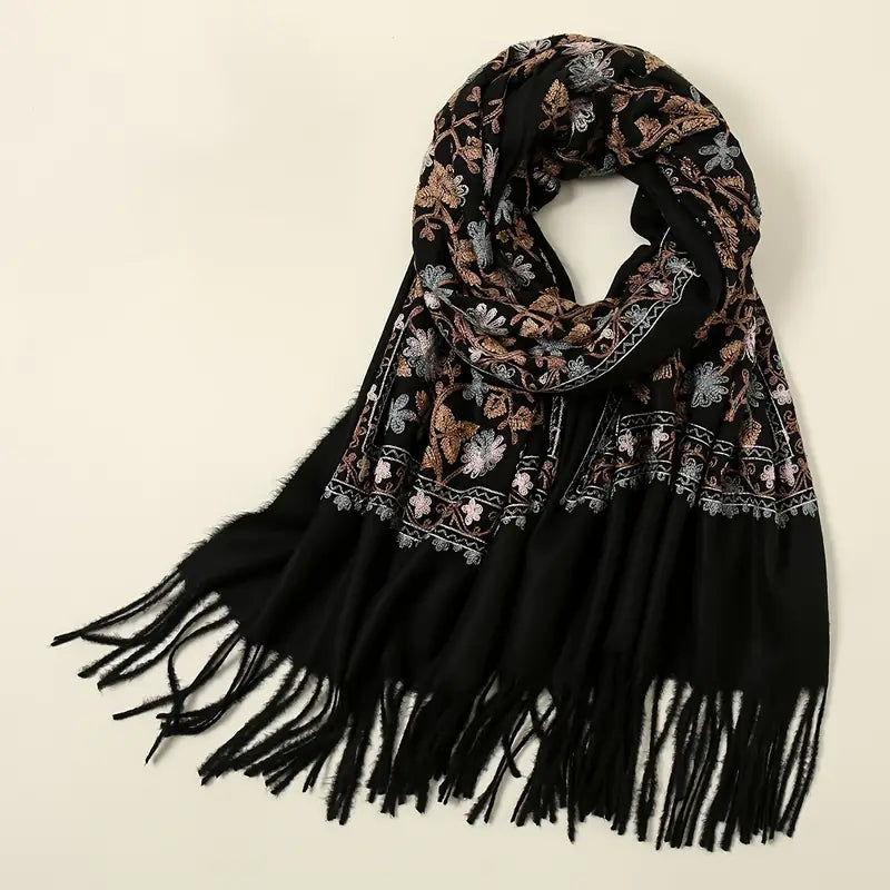 Shop Elegant Warm Tassel Scarf in Black by Malbusaat, versatile Scarves at Malbusaat. Ready-made desi suits, Pakistani designer dresses online UK.