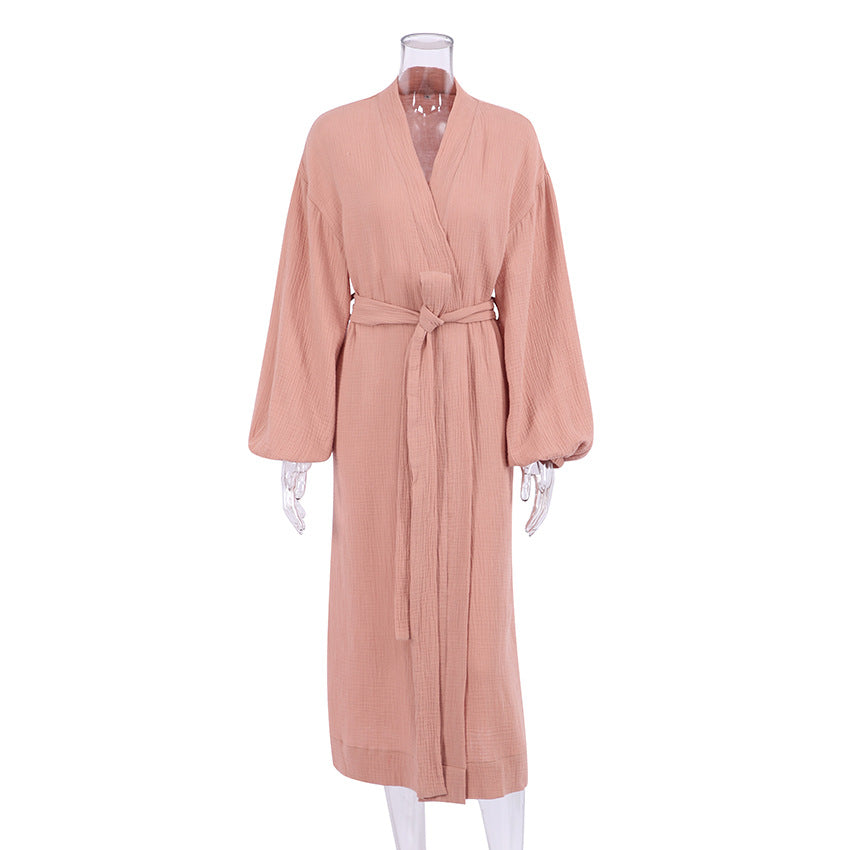 French Solid Color Cardigan Night Gown in Brown - by Malbusaat