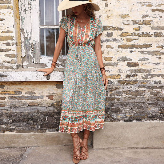 Green Paisley Pattern Maxi Dress in - by Malbusaat