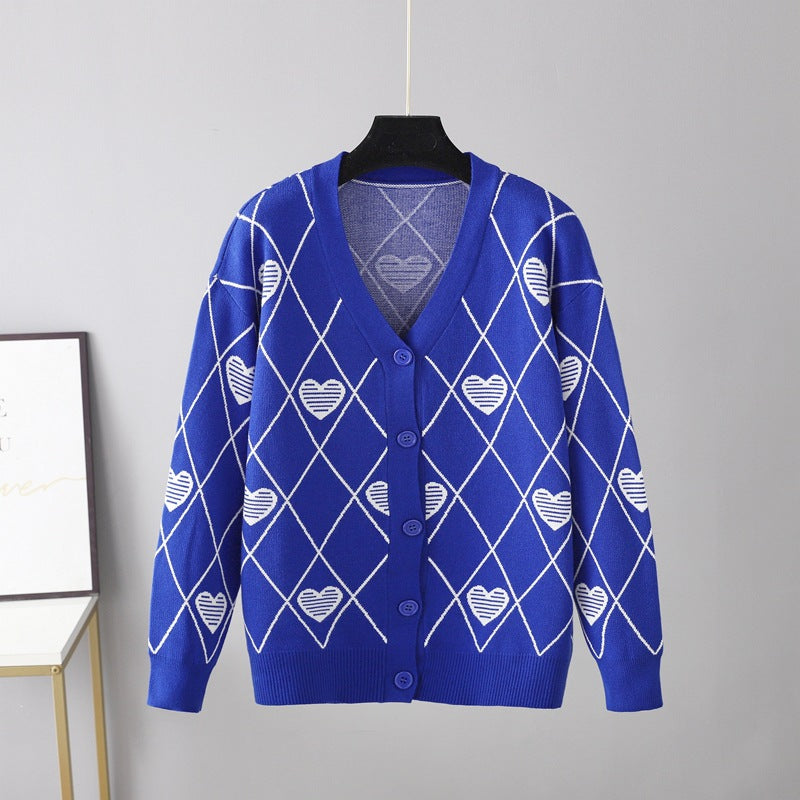 Shop Knitted Hearts Printed Cardigan Sweater by Malbusaat, versatile  at Malbusaat. Ready-made desi suits, Pakistani designer dresses online UK.