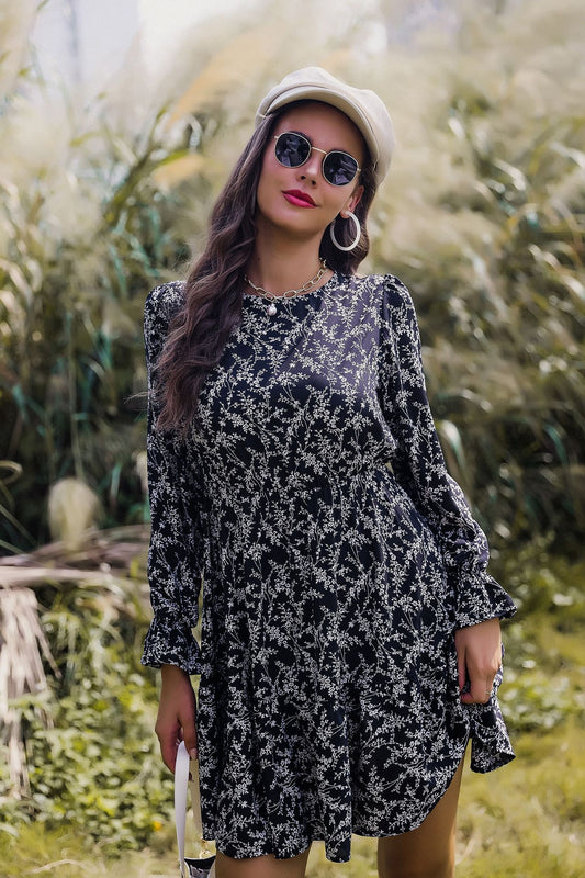 Long Sleeve Floral High Waist Dress in - by Malbusaat