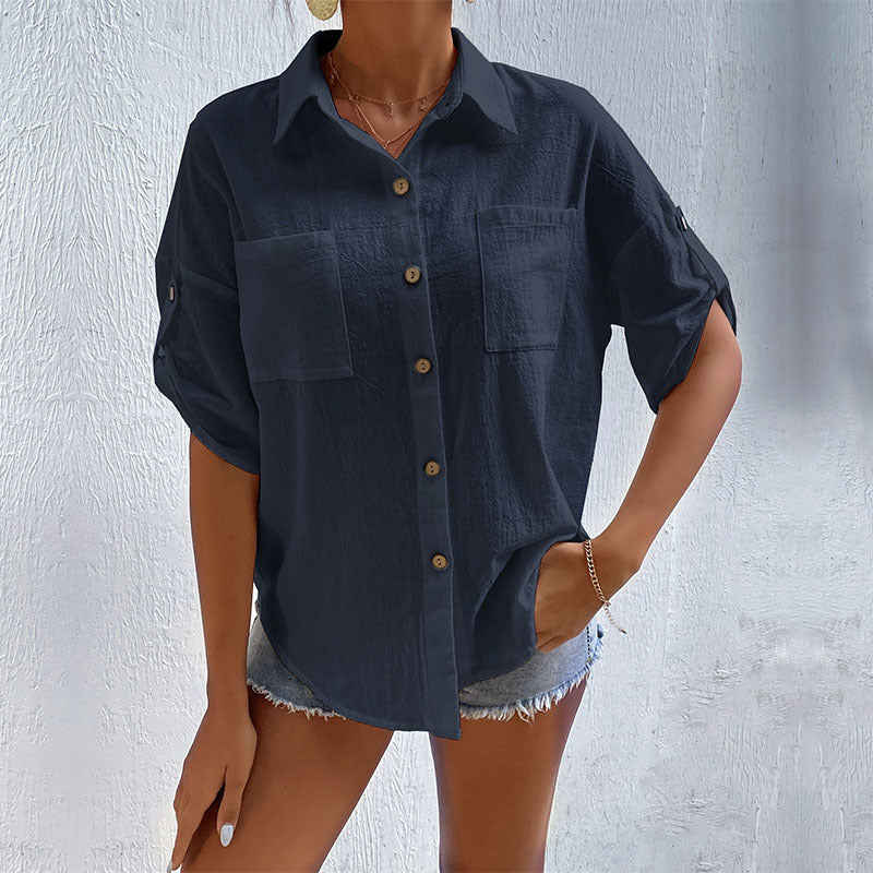 Mid Length short Sleeve Shirt in Purplish blue - by Malbusaat
