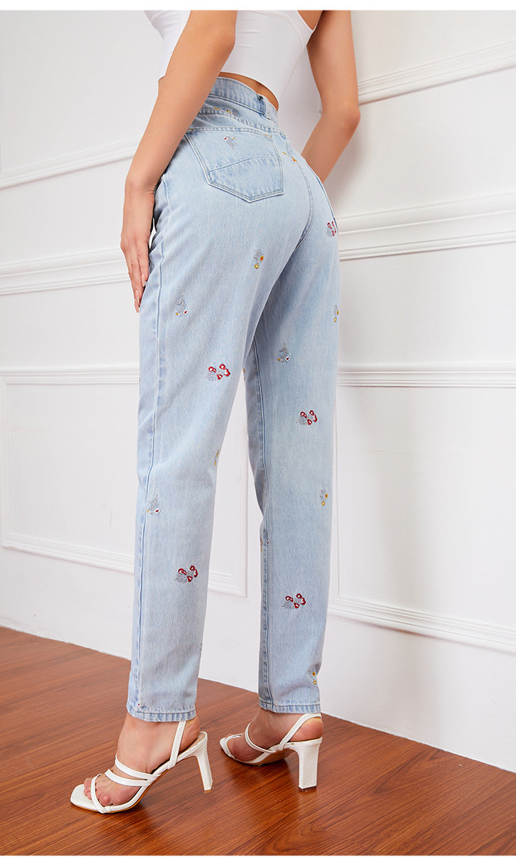 Embroidered Denim Straight Pants - jeans - malbusaat.co.uk