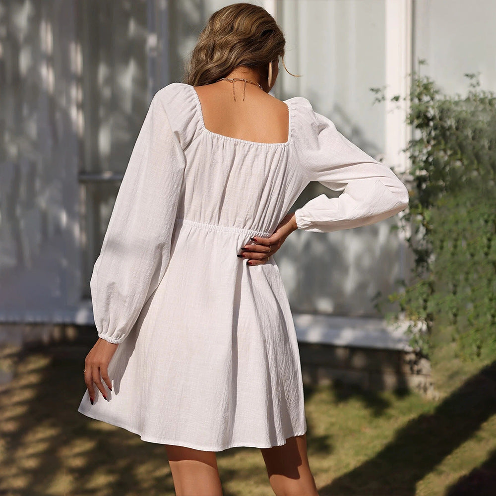 Long Sleeve Elastic Waist Square Collar A- line Dress - a line dresses - summer dresses - malbusaat.co.uk