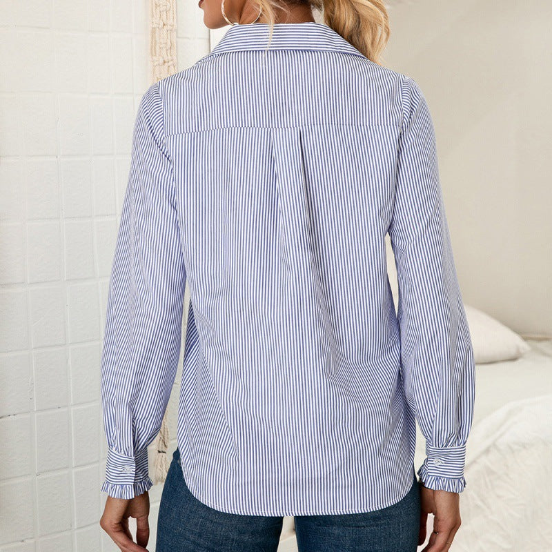 Striped Single-Breasted Lapel Shirt - women shirts - malbusaat.co.uk