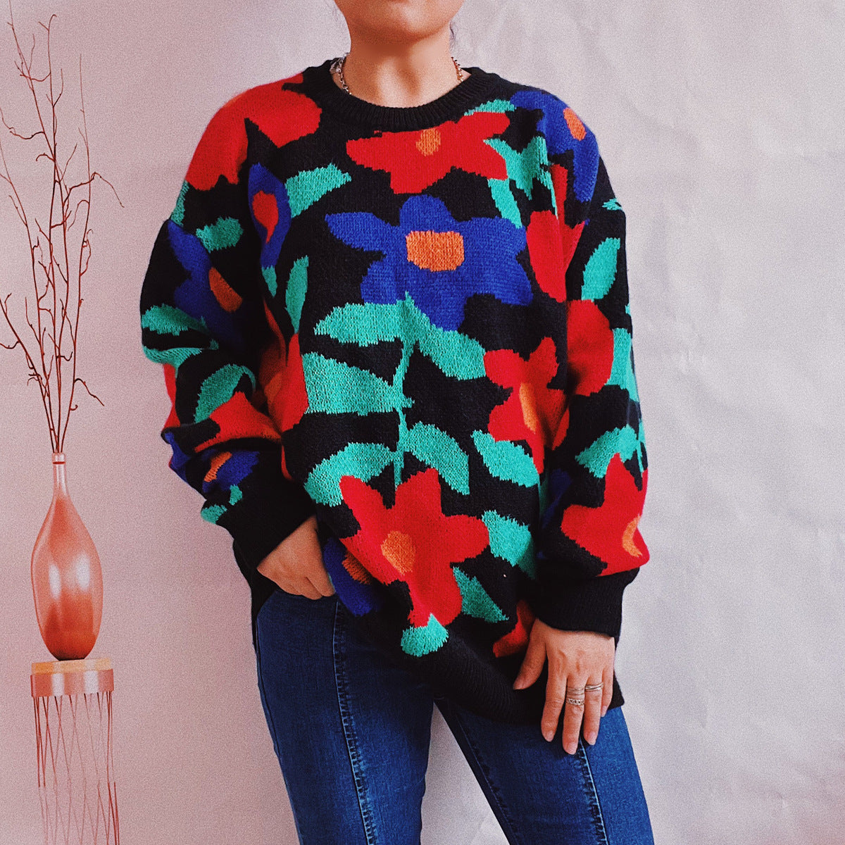 Large Floral Round Neck Loose Sweater sweaters sweatshirts malbusaat.co.uk