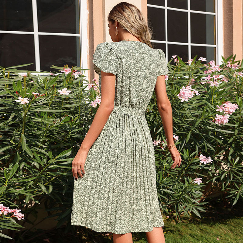 Pleated V-neck Dress Boho Dress - a line dresses - summer dresses - malbusaat.co.uk