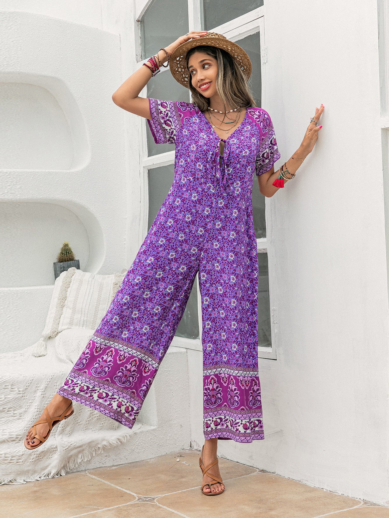 Purple Short Sleeve Floral Print Jumpsuit jumpsuits malbusaat.co.uk