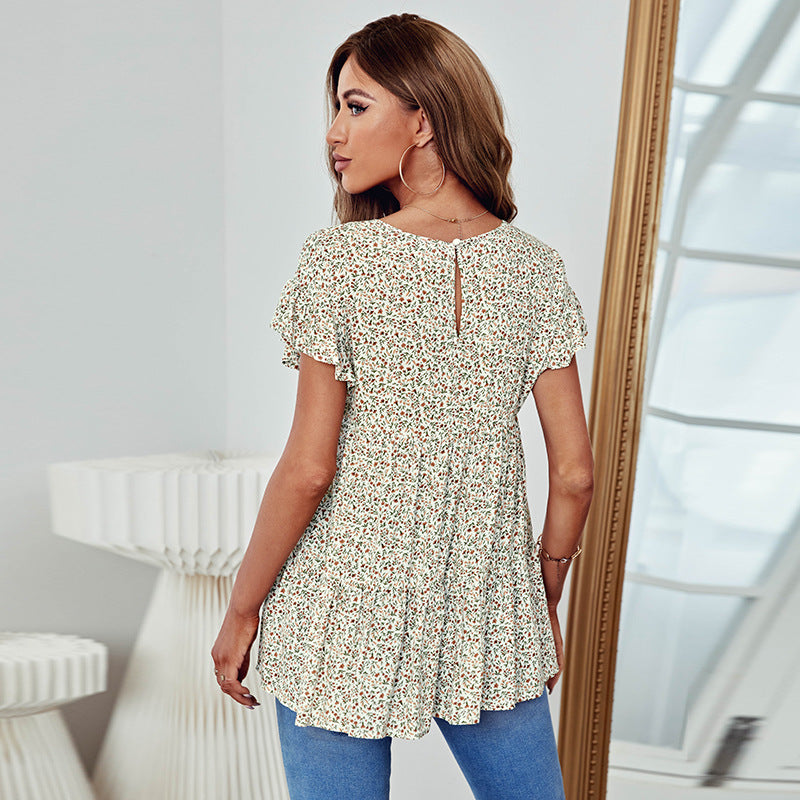 Elegant Round Neck Ruffle Sleeves Top t shirts tops malbusaat.co.uk