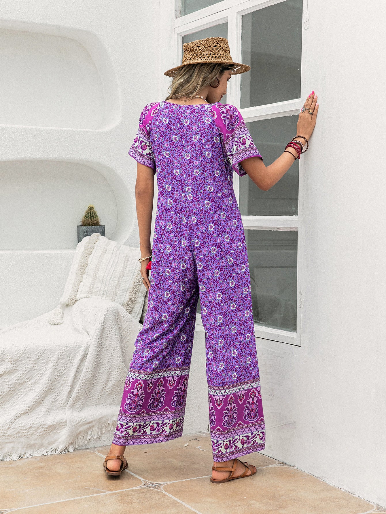 Purple Short Sleeve Floral Print Jumpsuit jumpsuits malbusaat.co.uk
