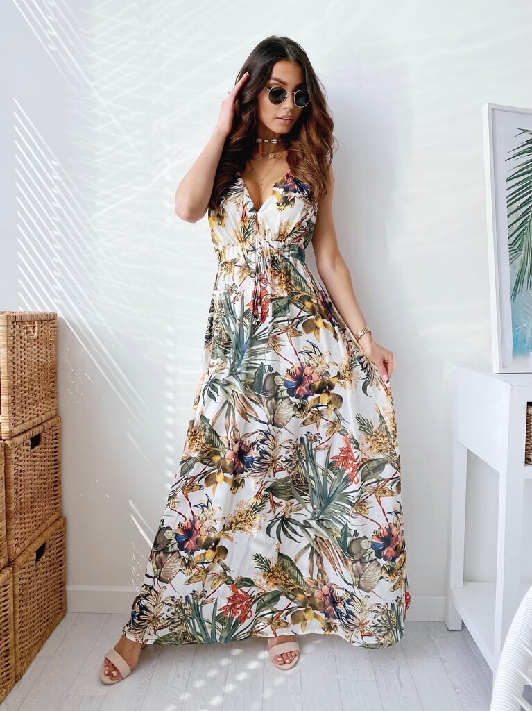 Shop Tropical Print Sleeveless Maxi Dress by Malbusaat, versatile  at Malbusaat. Ready-made desi suits, Pakistani designer dresses online UK.