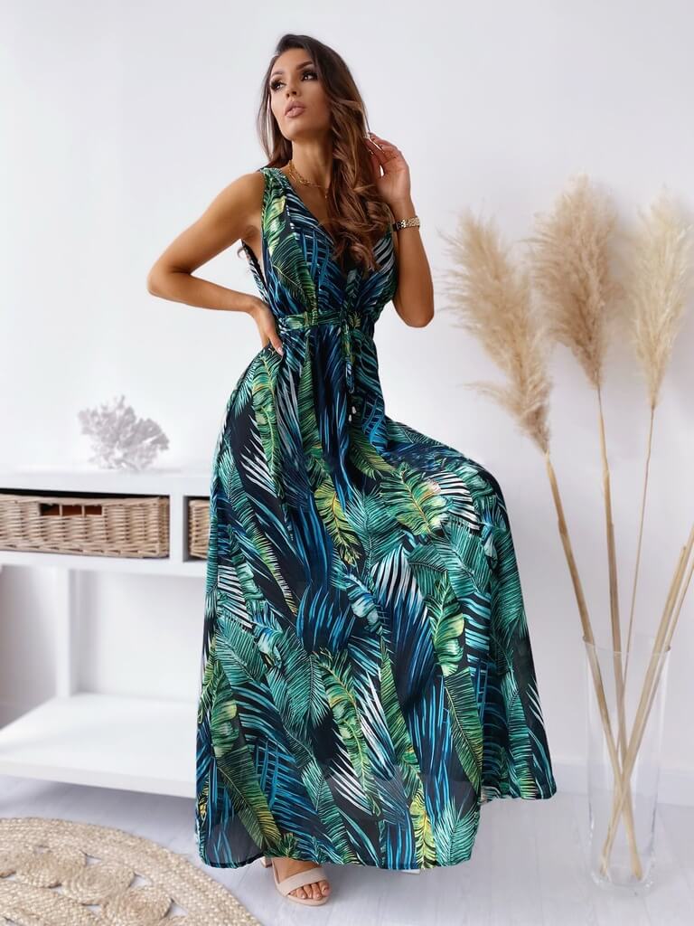 Tropical Print Sleeveless Maxi Dress in - by Malbusaat