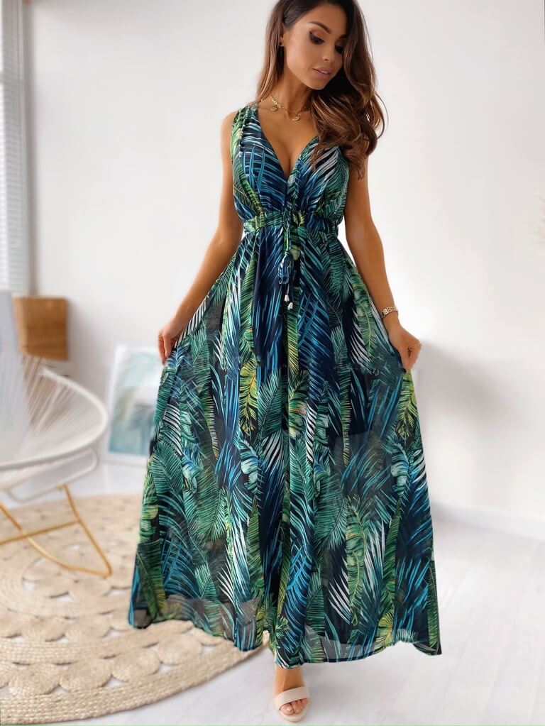 Shop Tropical Print Sleeveless Maxi Dress by Malbusaat, versatile  at Malbusaat. Ready-made desi suits, Pakistani designer dresses online UK.