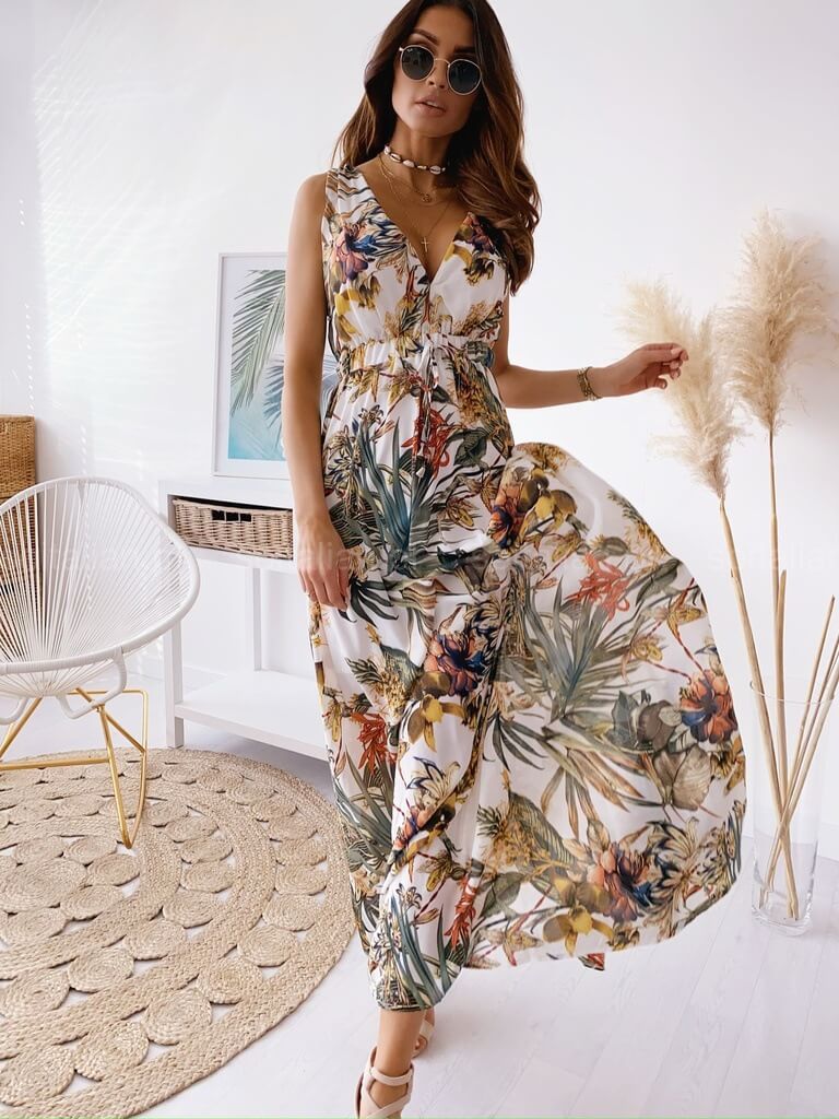 Tropical Print Sleeveless Maxi Dress in - by Malbusaat