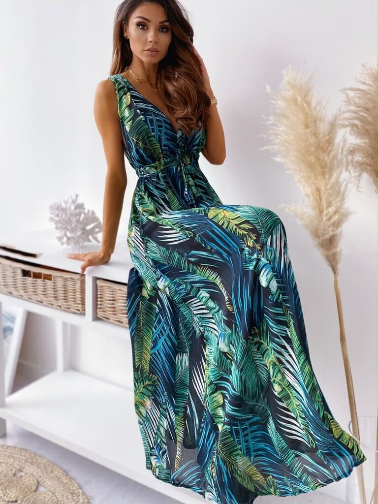 Tropical Print Sleeveless Maxi Dress in - by Malbusaat