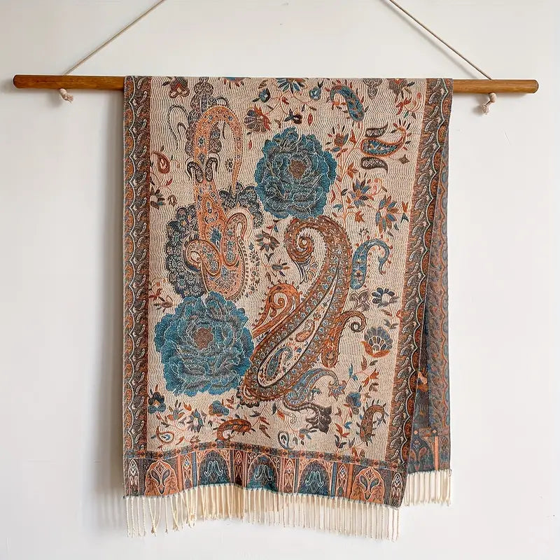 Shop Vintage Paisley Jacquard Tassel Scarf in Grey by Malbusaat, versatile Scarves at Malbusaat. Ready-made desi suits, Pakistani designer dresses online UK.