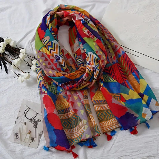 Vintage Geometric Printed Scarf, Multicolor Women Scarves malbusaat.co.uk