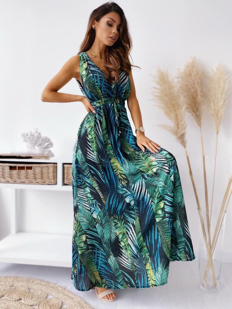 Tropical Print Sleeveless Maxi Dress in - by Malbusaat